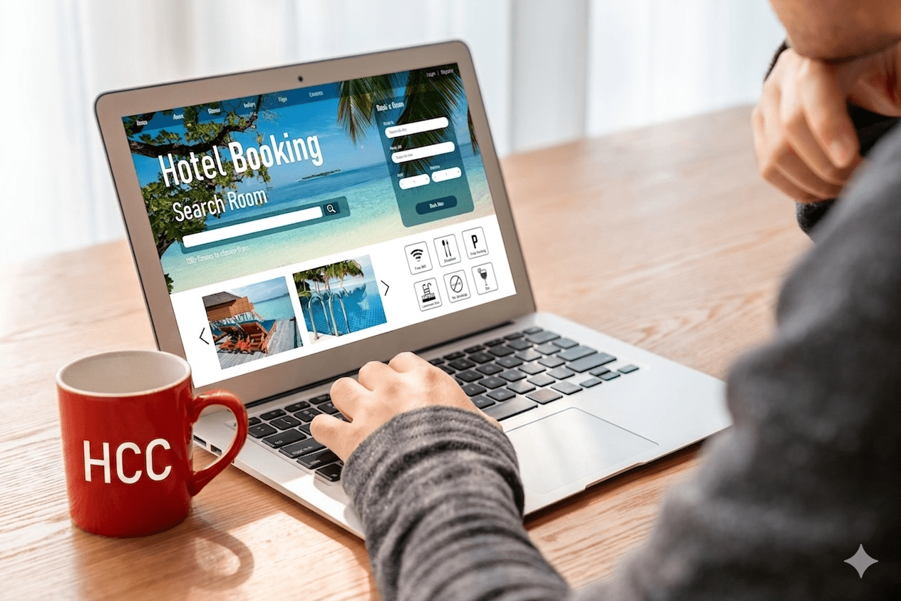 Iemand kijkt naar laptopscherm met daarop een bookingsite voor vakanties
