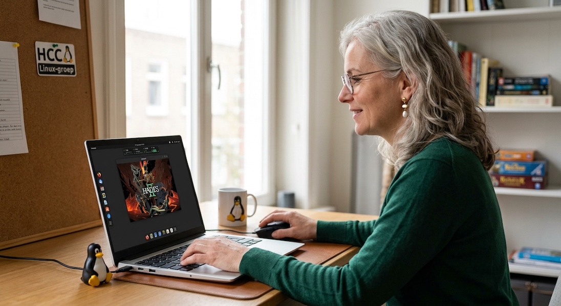 Oudere dame speelt een spelletje op laptop. Op bureau artikelen van Linux