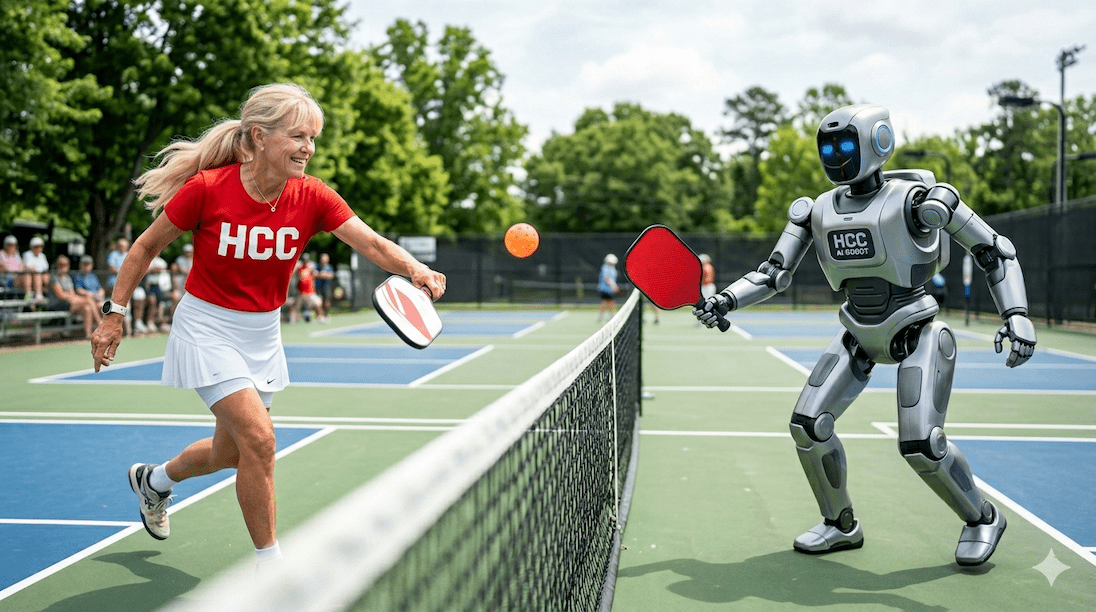 dame speelt pickleball tegen robot