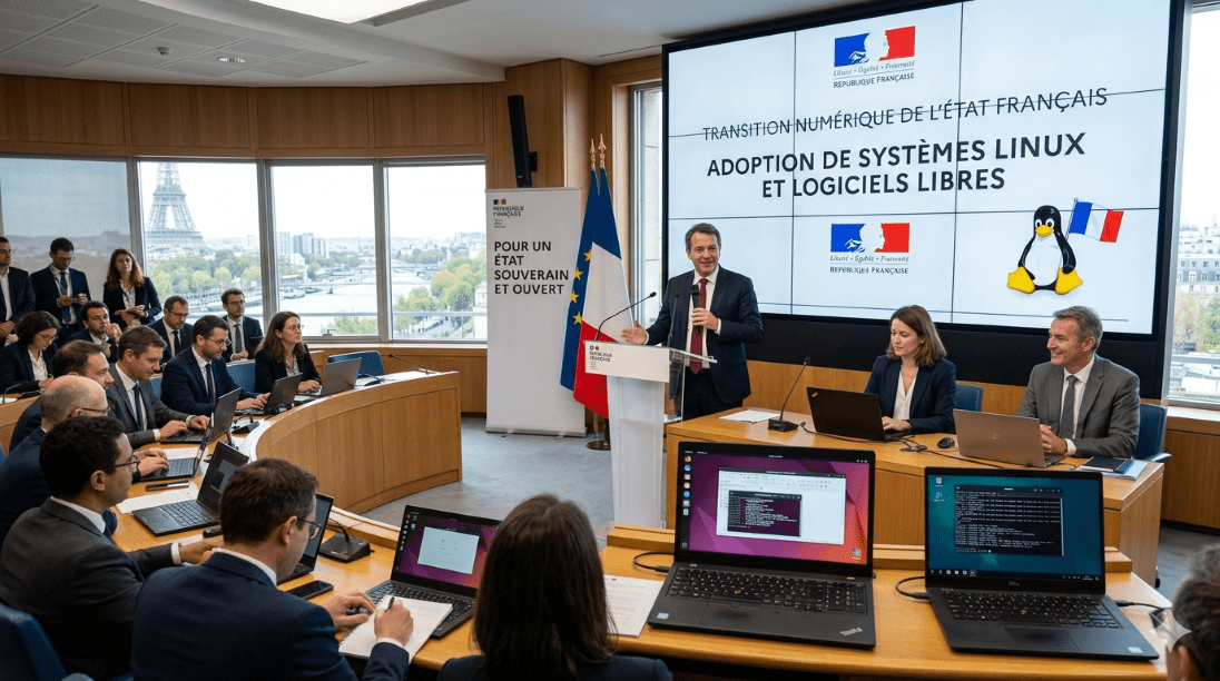 franse overheid die Linux presentatie geeft voor een zaal met toehoorders