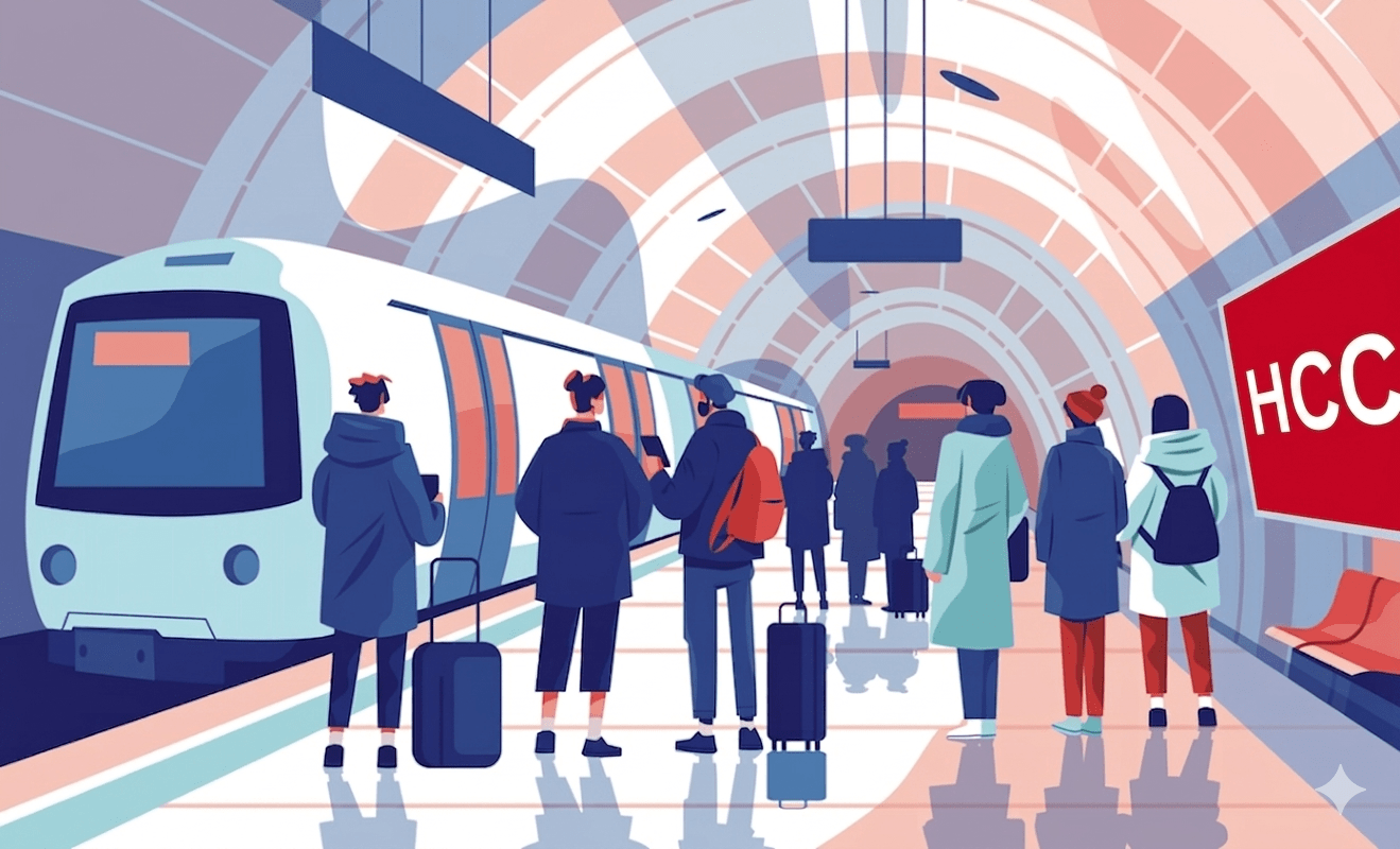 Afbeelding van een perron van een station met daarop mensen die gaan instappen in een klaarstaande trein
