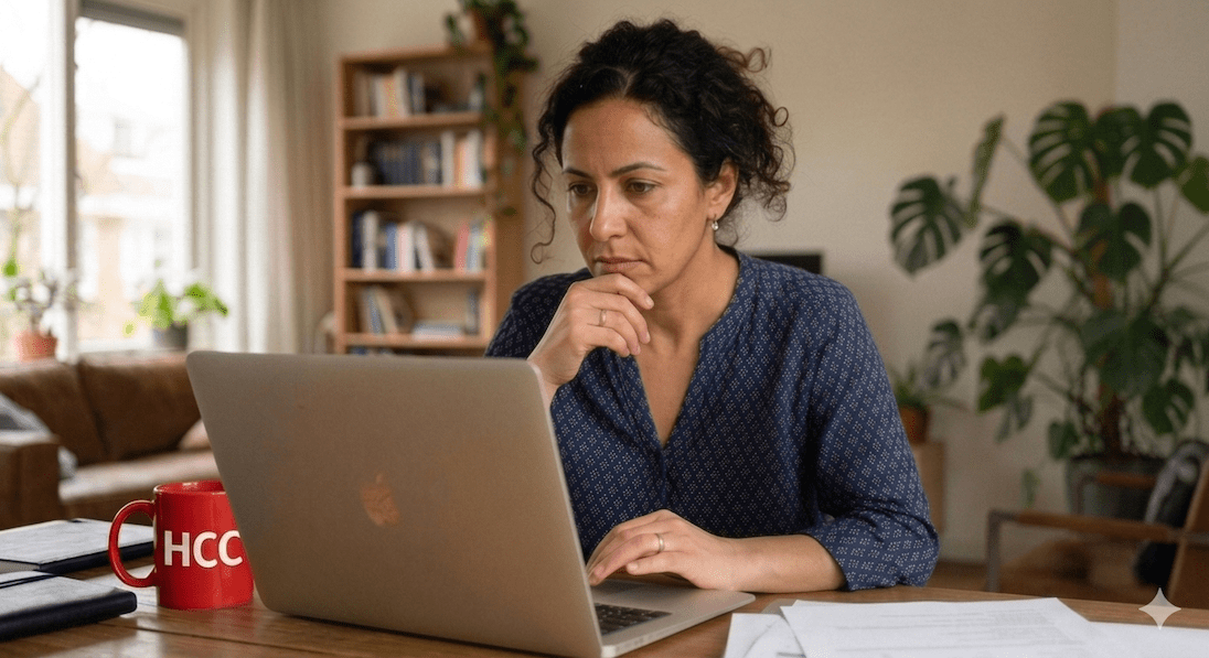 Dame die met lichte verbazing naar scherm van haar laptop kijkt