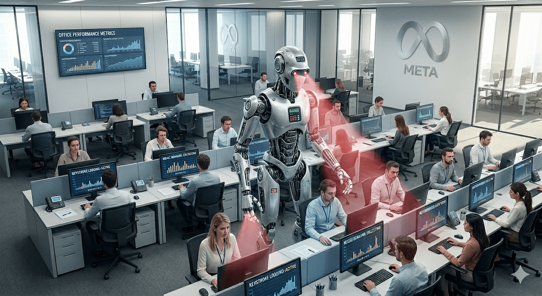 Kantoor van Meta met personeel en een zeer grote robot die alles in de gaten houdt