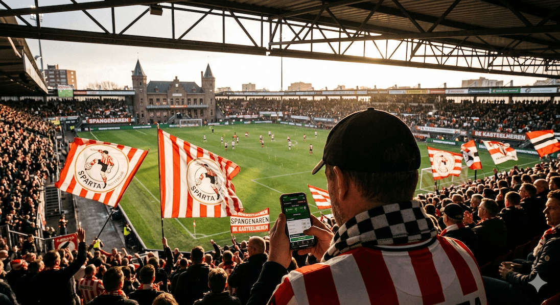 Man in stadion kijkt tijdens wedstrijd op zijn smartphone