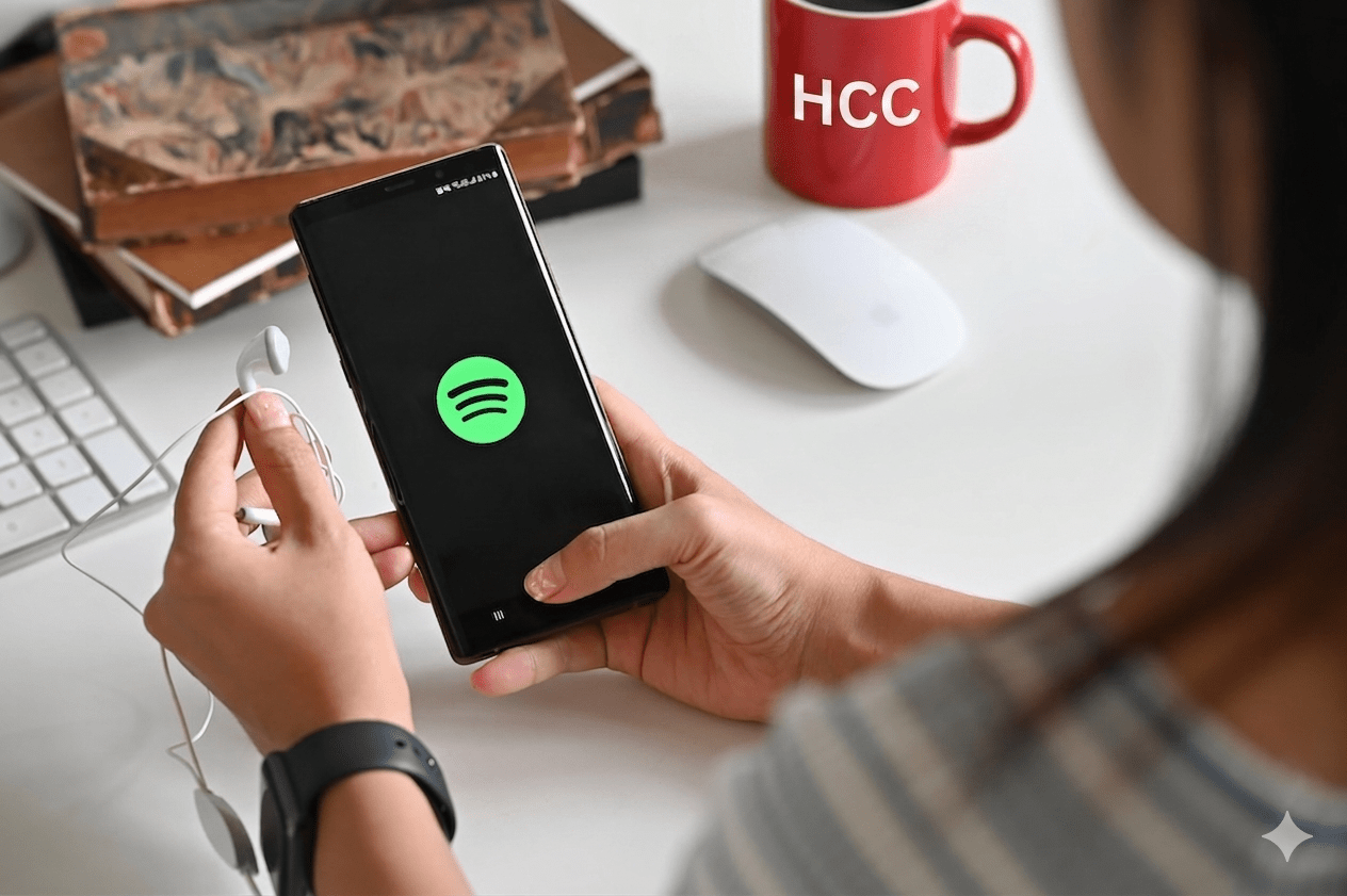 Iemand houdt smartphone vast met daarop het scherm logo van Spotify