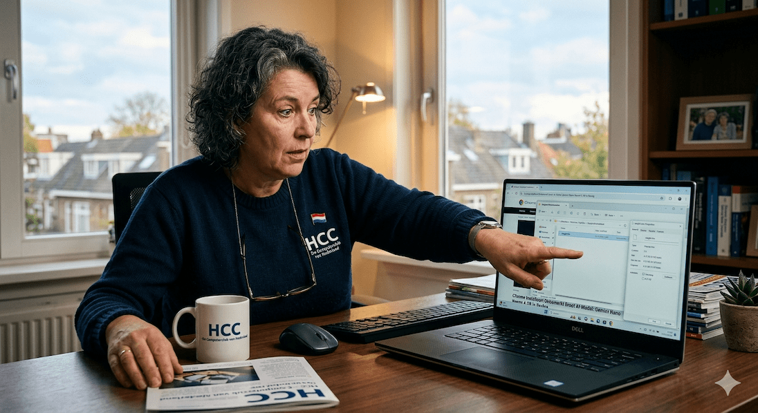 Vrouw die verbaasd is over iets dat zij op het scherm van haar laptop ziet
