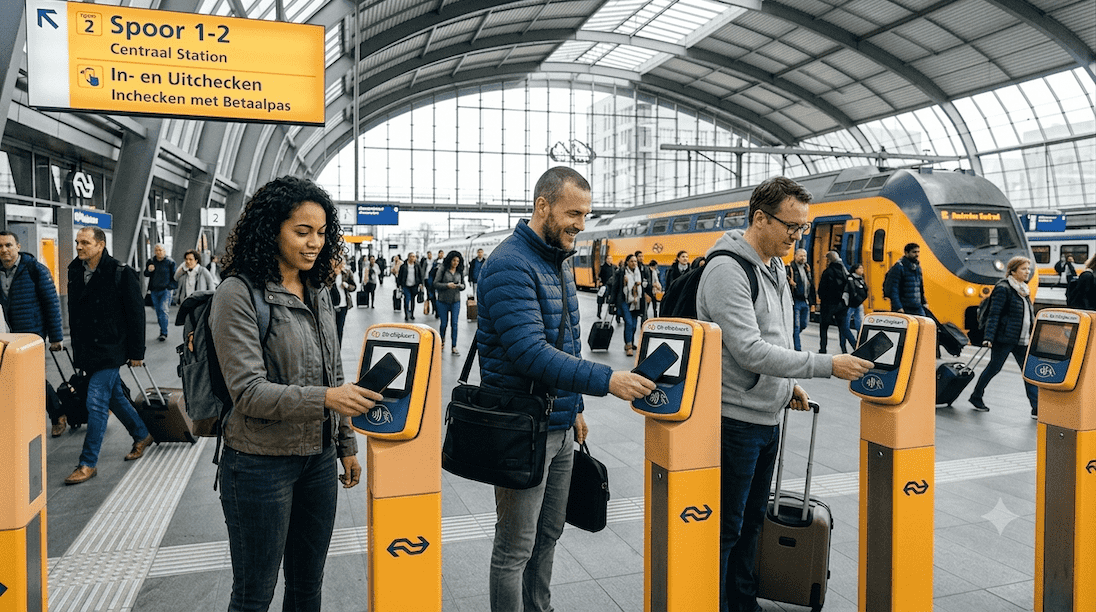 Drie personen checken in bij station met betaalpas