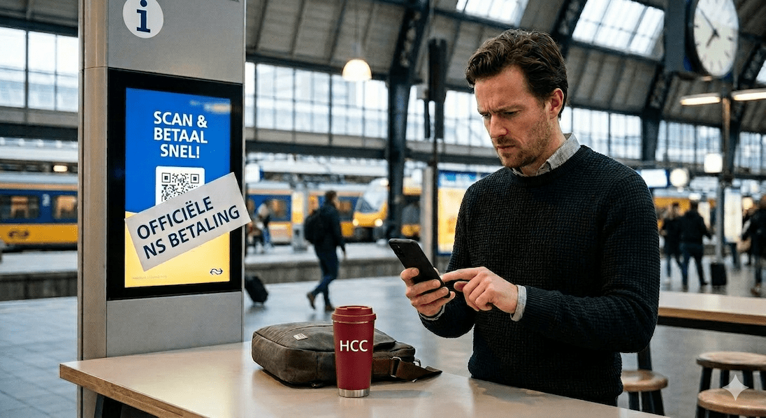 Man op station met smartphone in hand die een QR code gescand heeft