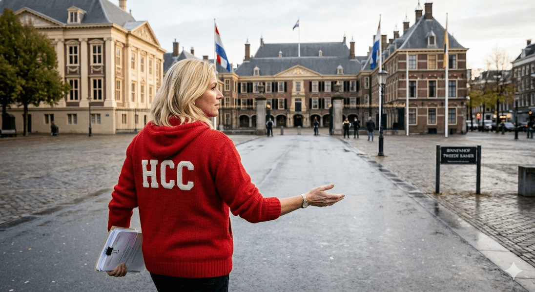Blonde dame in HCC trui loopt met documenten naar regeringsgebouw in Den Haag
