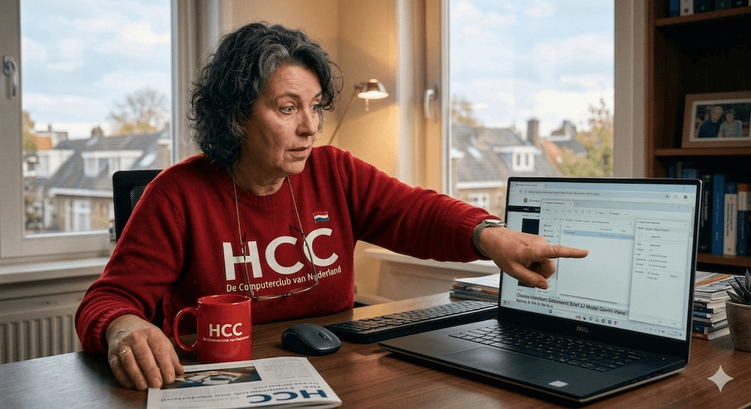 Vrouw die verbaasd is over iets dat zij op het scherm van haar laptop ziet