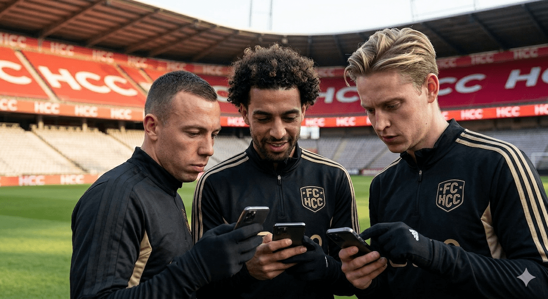 Drie voetballers op het veld in een leeg stadion die op hun smartphones kijken