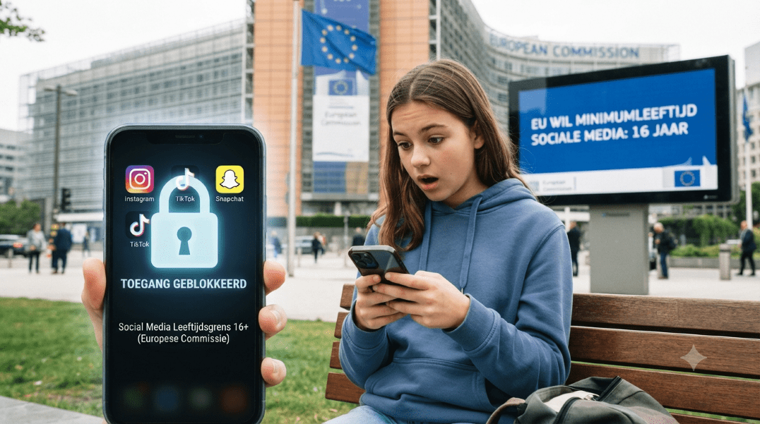 Jong meisje zit buiten op een bankje en ziet op haar smartphone dat zij geen toegang heeft tot socal media. Op achtergrond gebouw van EC
