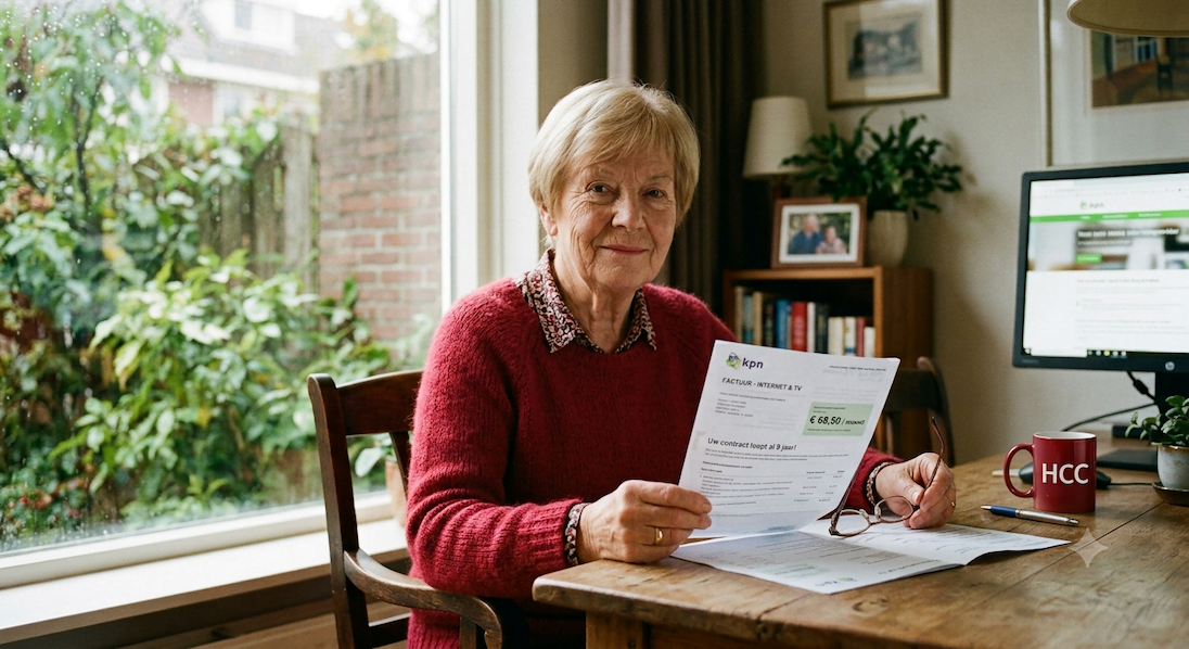 Oudere dame aan bureau met rekening van KPN in haar hand