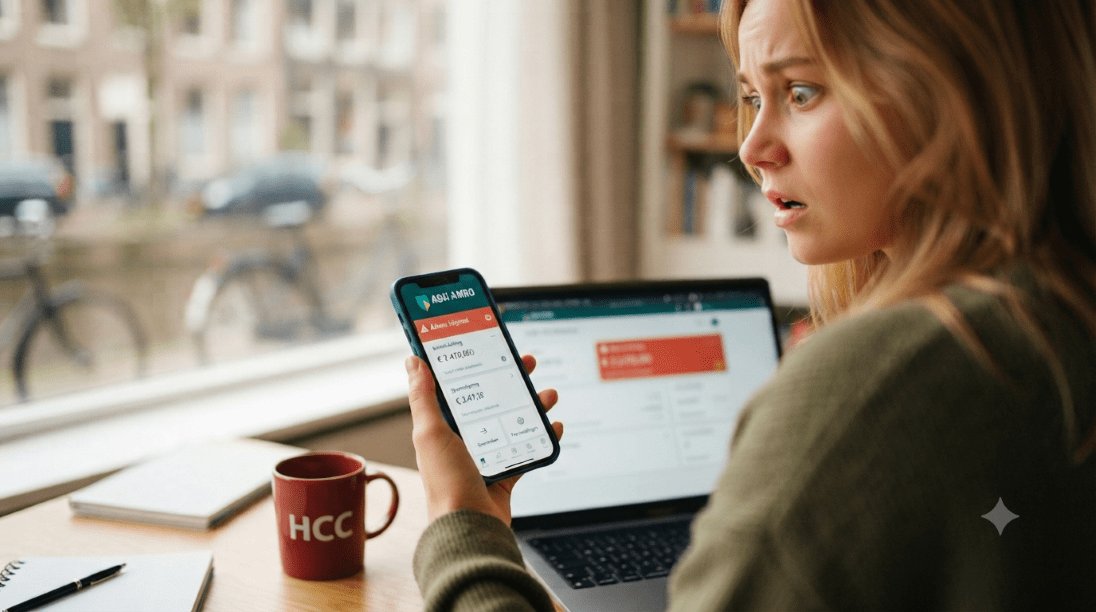 Jonge dame kijkt vreschrokt naar scherm van haar smartphone