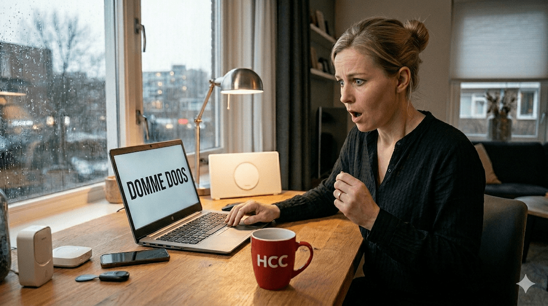 Dame aan een bureau die verschrikt kijkt naar scherm van haar laptop waarop staat DOMME DOOS