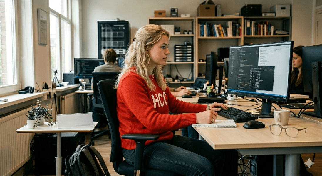 jonge blonde dame in rode HCC trui werkend aan een bureau