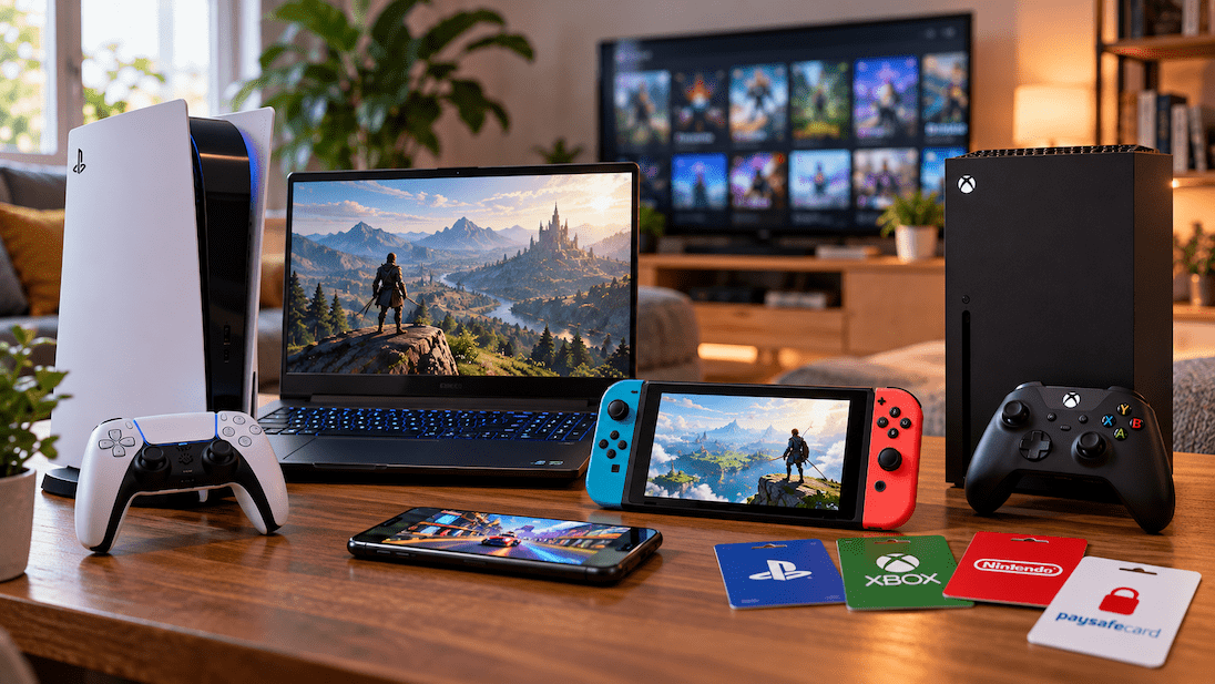 Woonkamer met schermen en games apparatuur