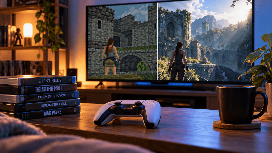 Games op grote schermen die in een woonkamer staan