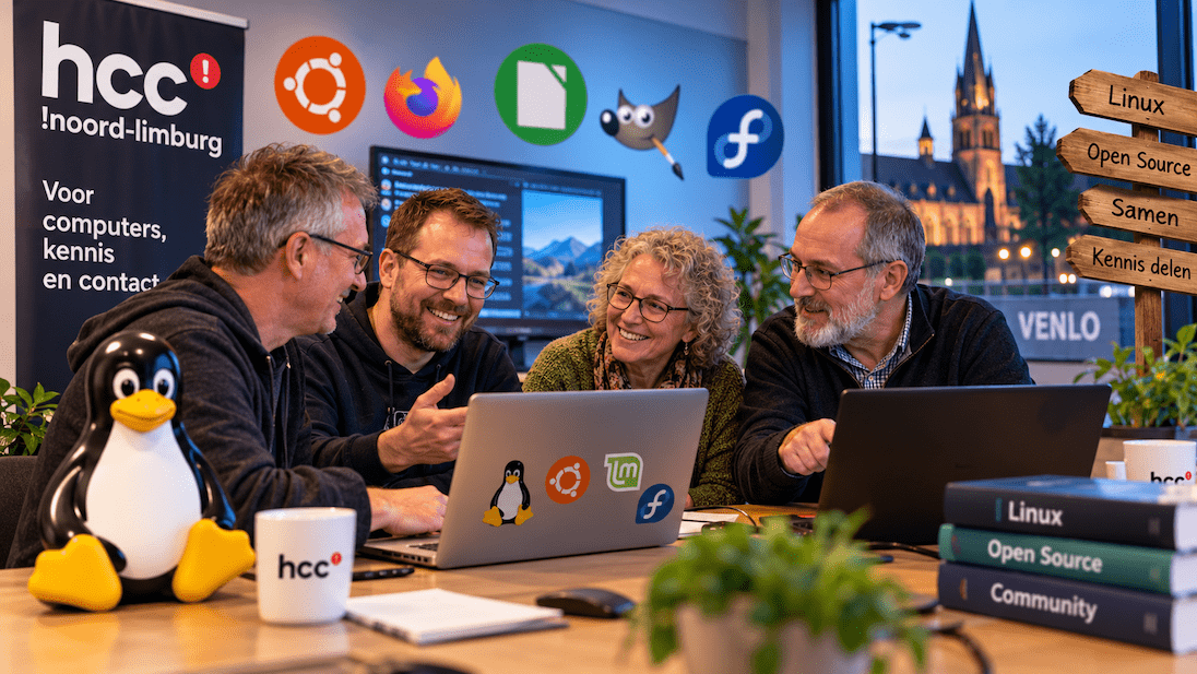 HCC!noord-limburg bijeenkomst, 4 personen aan een tafel met laptops