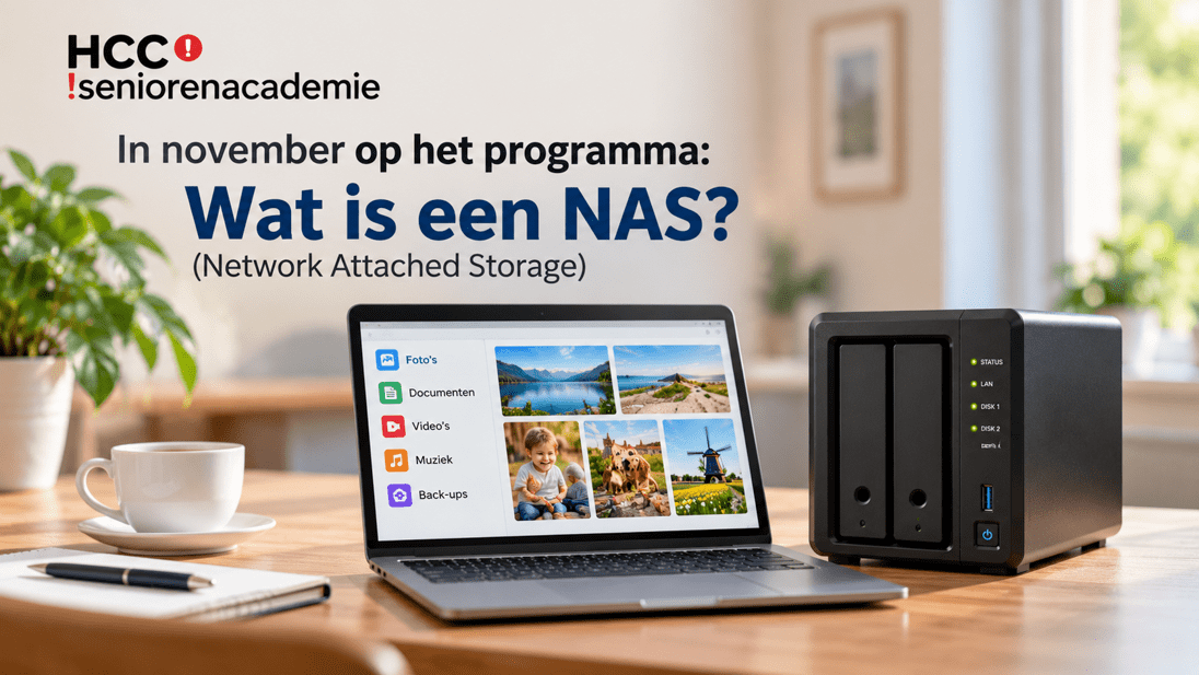 Een laptop met foto's en bestanden naast een NAS, met aankondiging van HCC!seniorenacademie voor november.