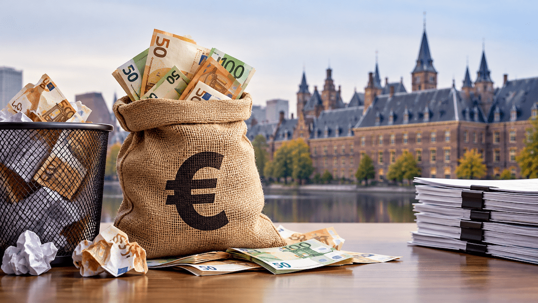 Op achergrond regeringsgebouwen in Den Haag, op voorgrond grote zak vol met geld en daarnaast een prullenbak, ook vol met geld
