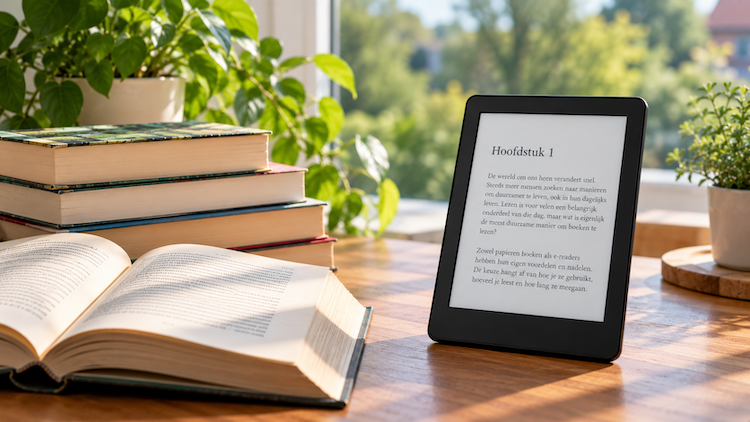 Afbeelding van een e-reader en een gewoon boek