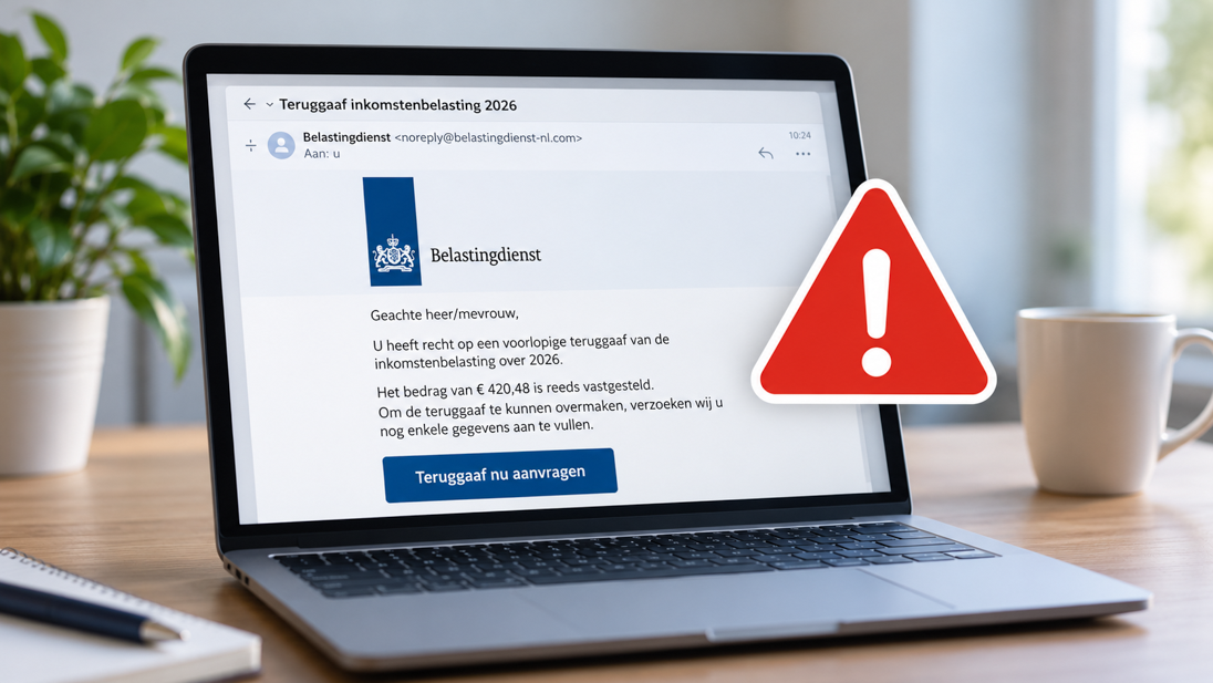 Laptop toont valse Belastingdienstmail over belastingteruggave, met opvallend waarschuwingssymbool voor phishing.