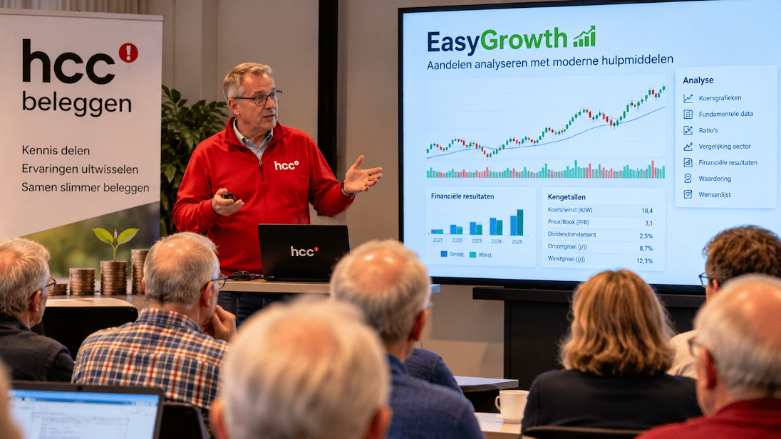 Presentatie door een man in een rood HCC shirt over easy growth. 