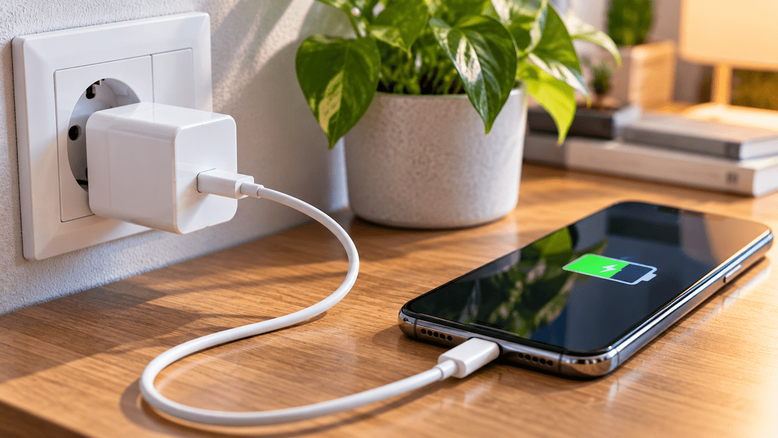 oplaadkabel en smartphone. aan het opladen
