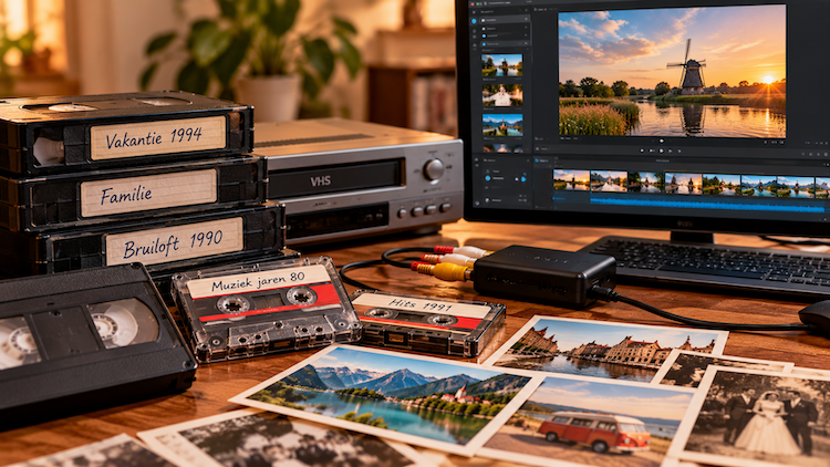 Op een tafelblad aantal muziekcassettes, VHS banden en foto's