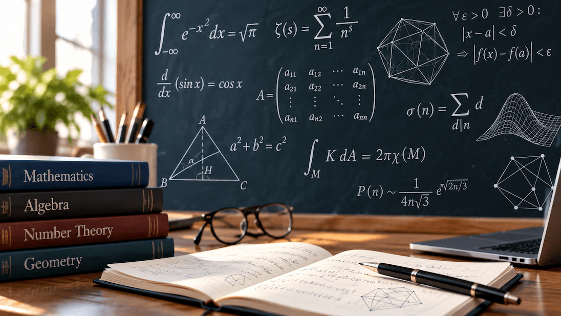 bureau met boeken en op de achtergrond schoolbord met daarop wiskundige formules