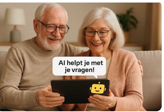 Twee senioren op sofa die kijken naar een tablet met daarbij een wolkje met tekst AI HELPT JE MET VRAGEN