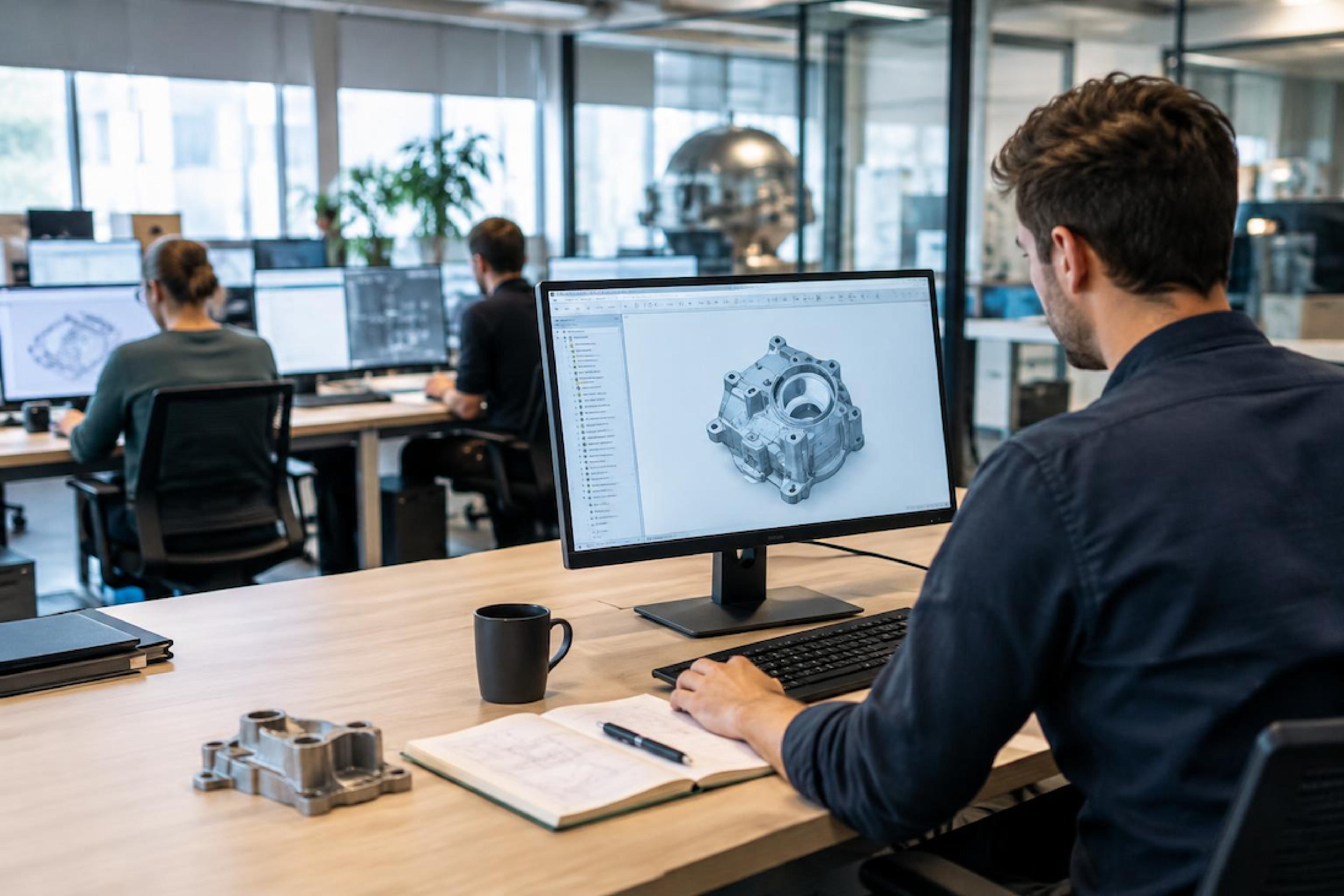 Man achter buro met computerscherm in een kantoorruimte