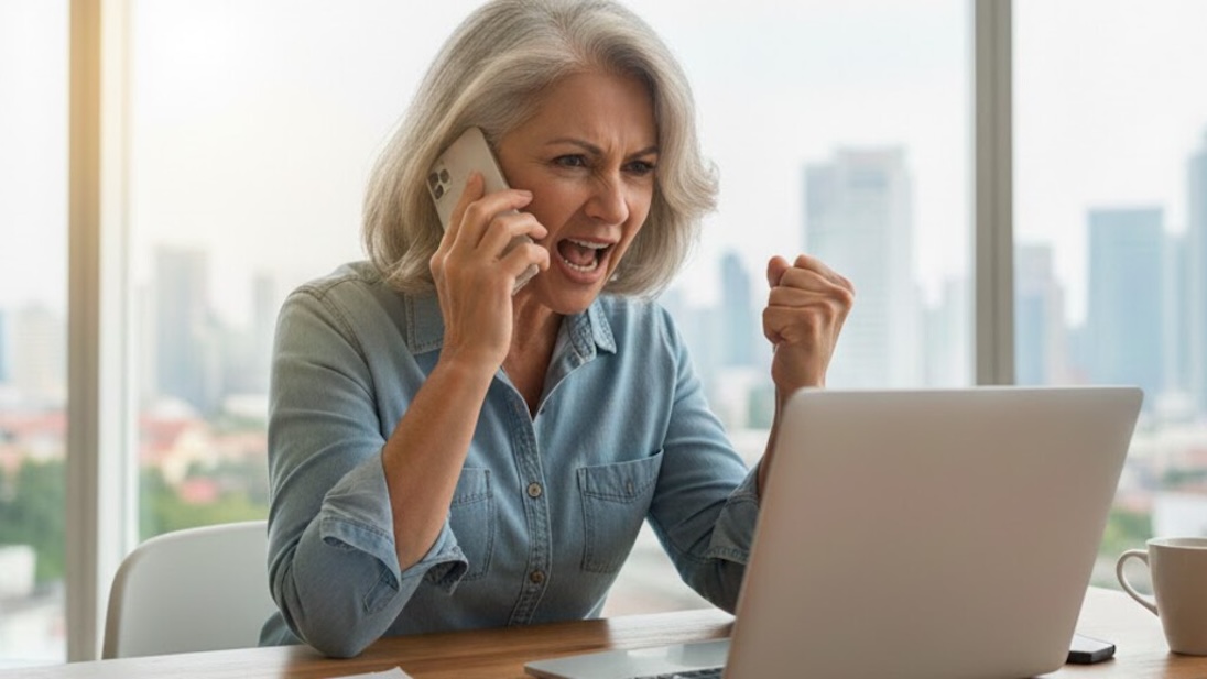 Dame, ongeveer 60 jaar oud, met telefoon en laptop is boos