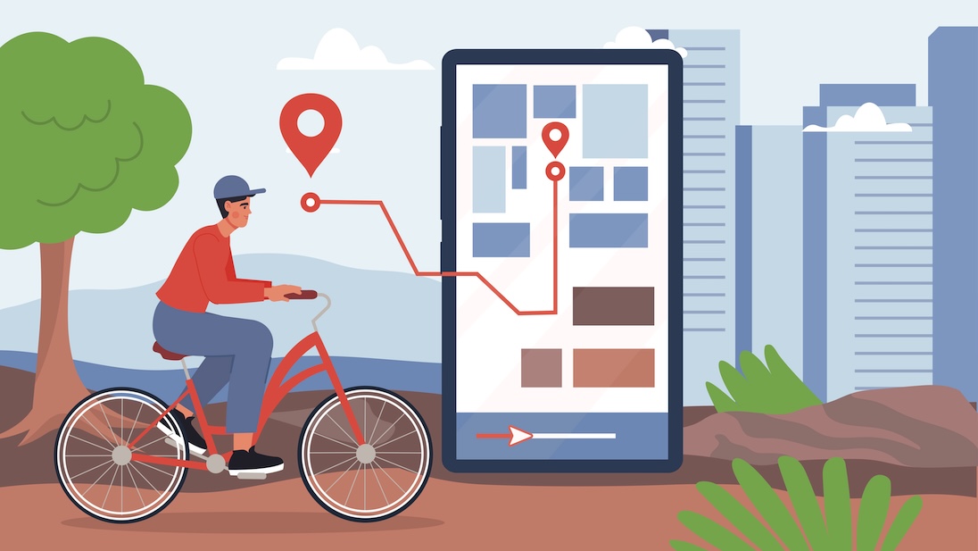 Man op fiets en een zeer grote smartphone met navigatieroute. op achtergrond hoge gebouwen en een boom