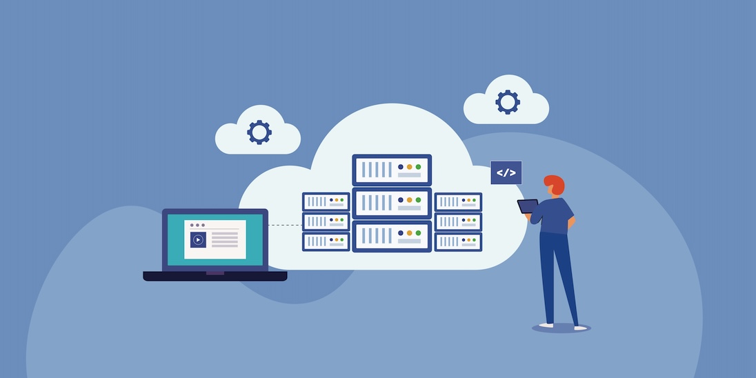 Man, laptop, servers en wolken