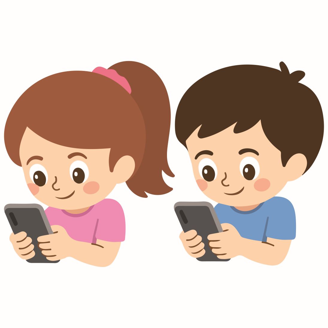 Cartoon van jongetje en meisje mte allebei een smartphone in hun handen