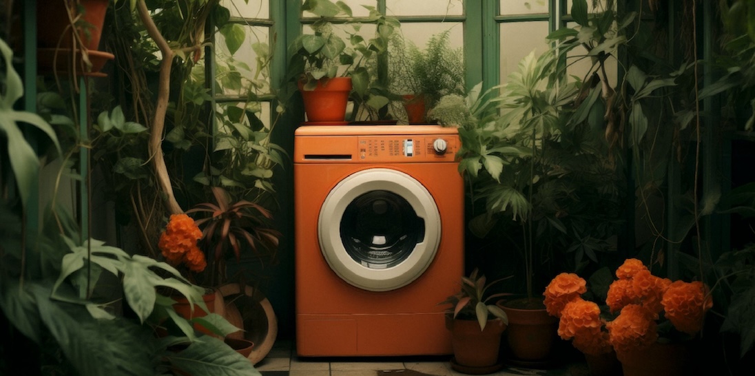 Oranje wasmachine tussen planten