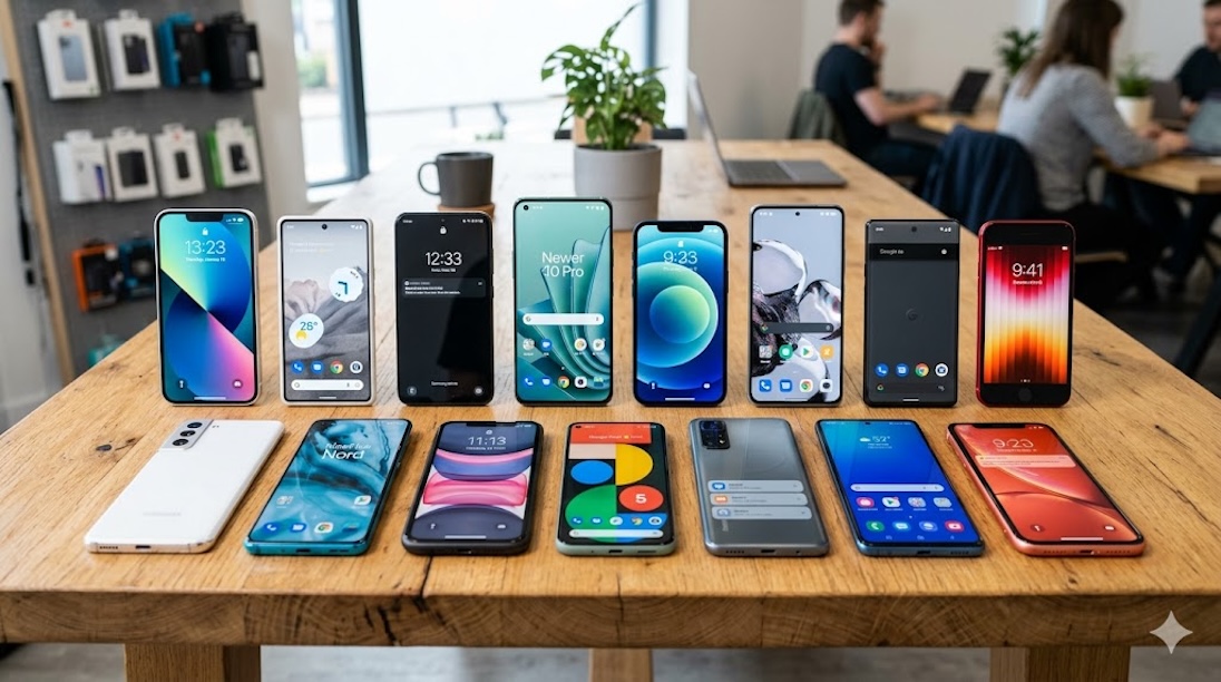 16 smartphones op een tafel